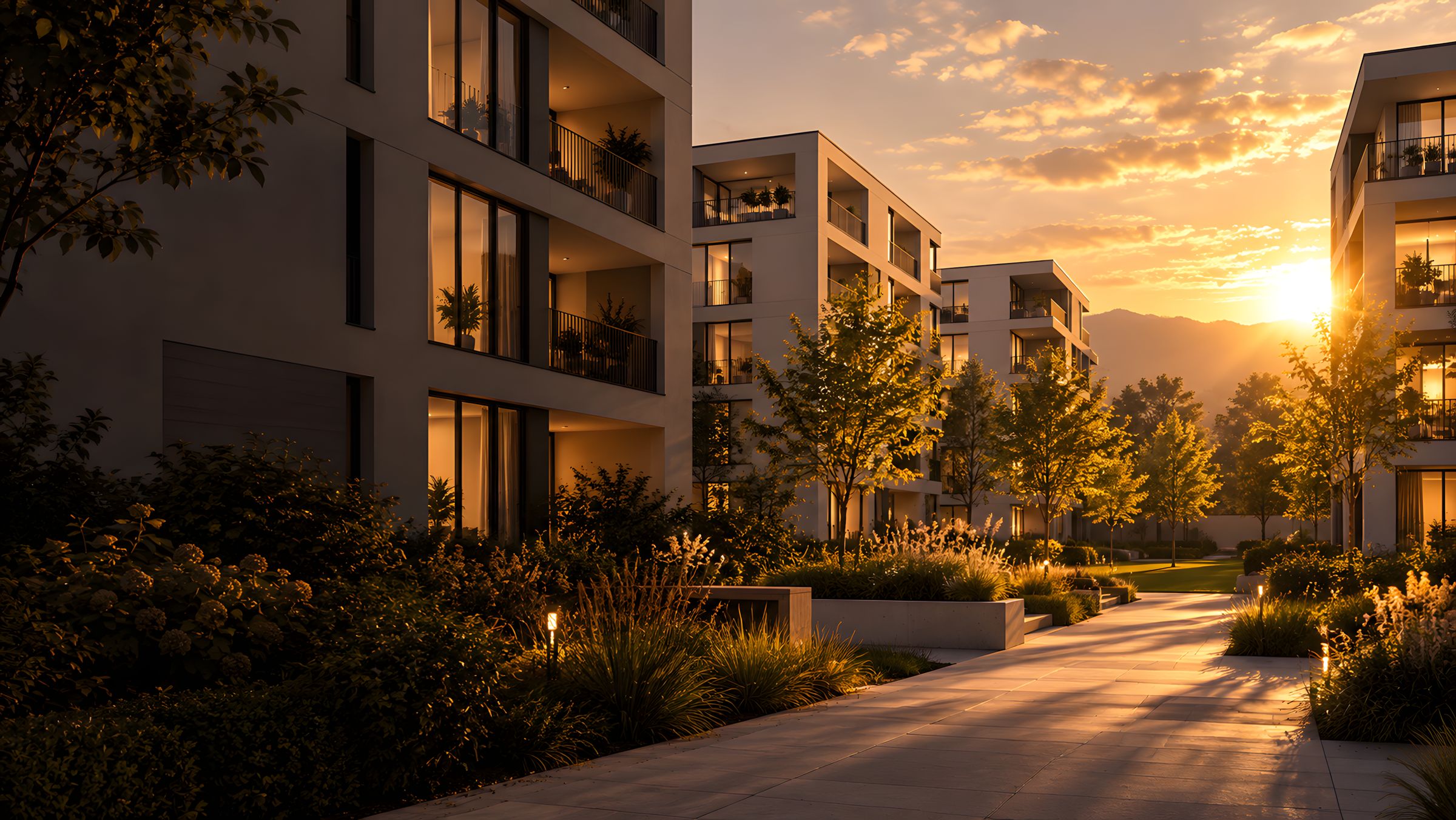 Moderne Wohnüberbauung mit Innenhof im Abendlicht