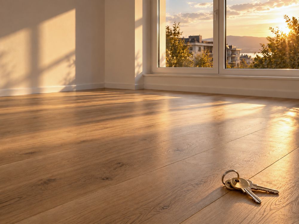 Renovierte, leere Wohnung mit neuem Boden und Schlüsseln