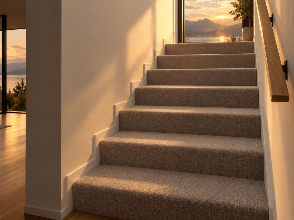 Treppe mit präzise verlegtem Spannteppich